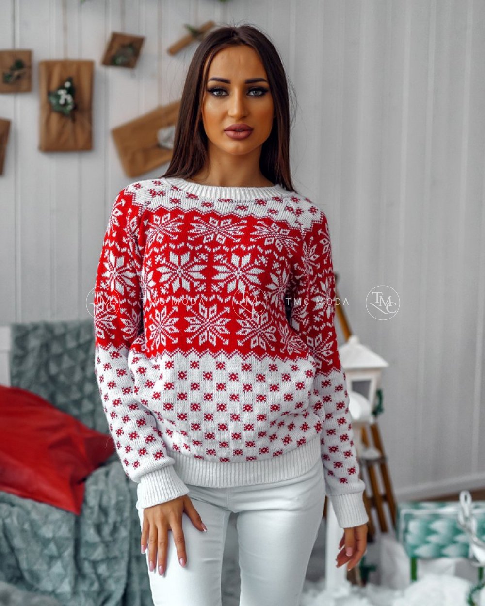 bielo-červený dámsky sveter
