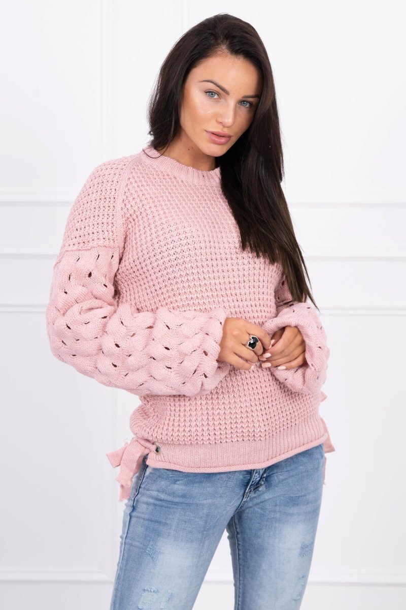Dámsky sveter s viazaním dole púdrovo ružový