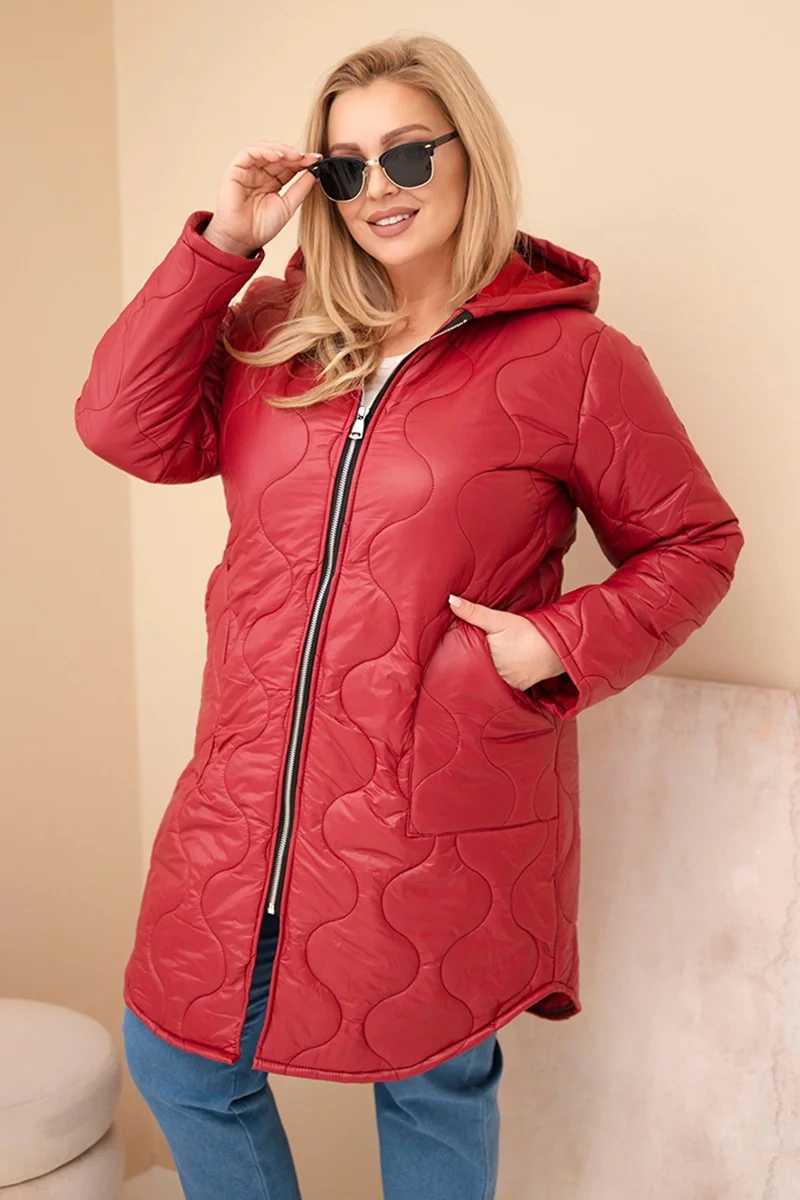 Dámska zimná prešívaná bunda Plus Size s kapucňou bordová