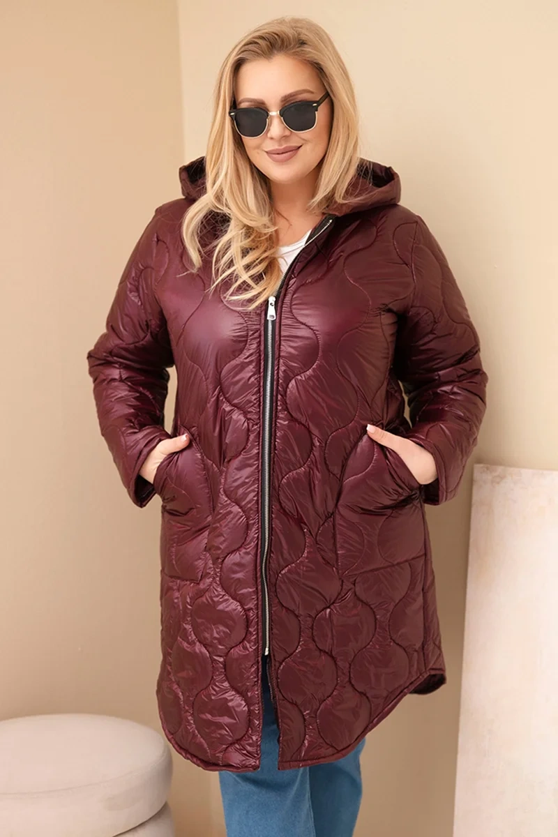 Dámska zimná prešívaná bunda Plus Size s kapucňou slivková