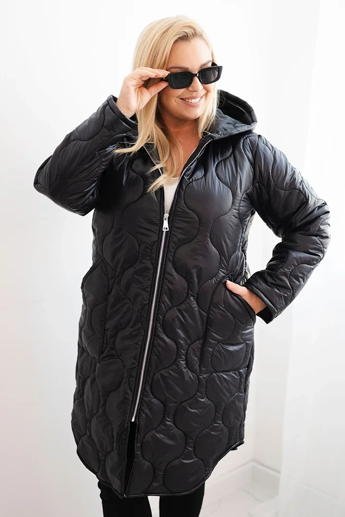 Dámska zimná bunda Plus Size prešívaná s kapucňou čierna