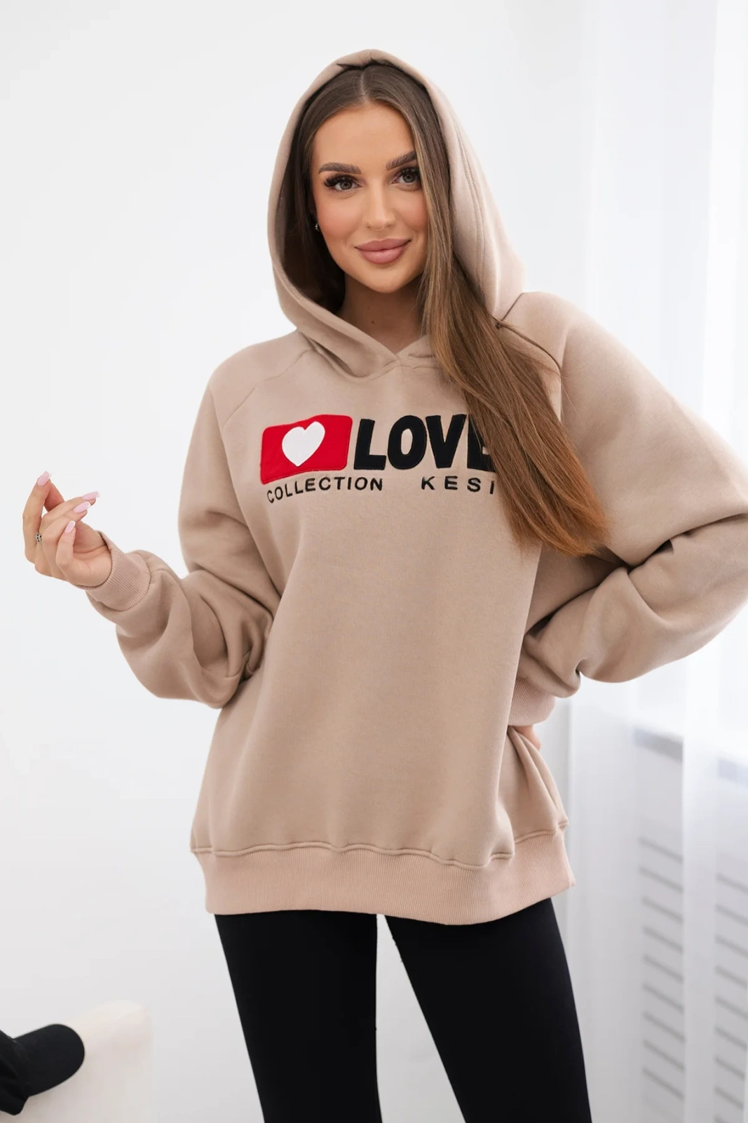 Zateplená bavlnená mikina s kapucňou Love tmavobéžová