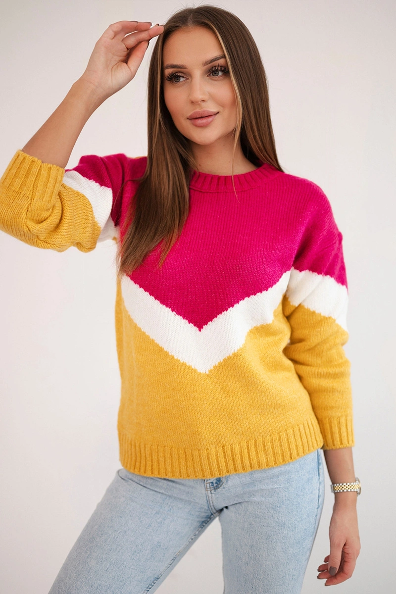 Sveter s geometrickými vzormi fuchsia+horčica