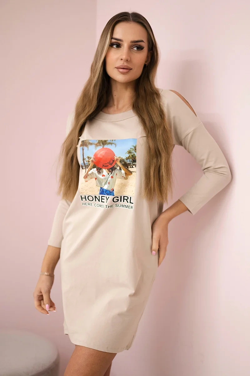 Šaty s potlačou Honey girl béžové