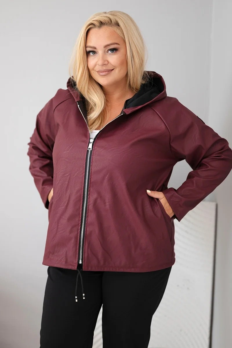 Dámska bunda Plus Size s kapucňou a nastaviteľným spodkom bordová