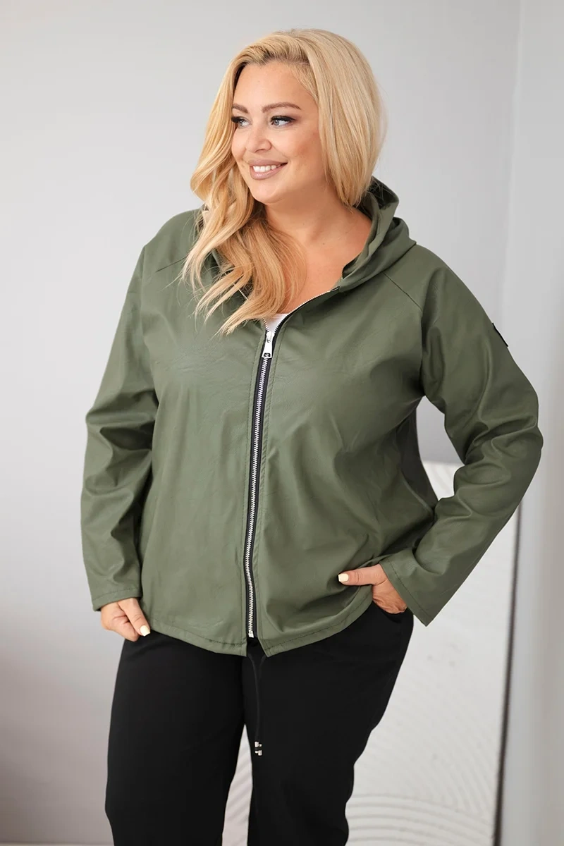 Dámska bunda Plus Size s kapucňou a nastaviteľným spodkom khaki